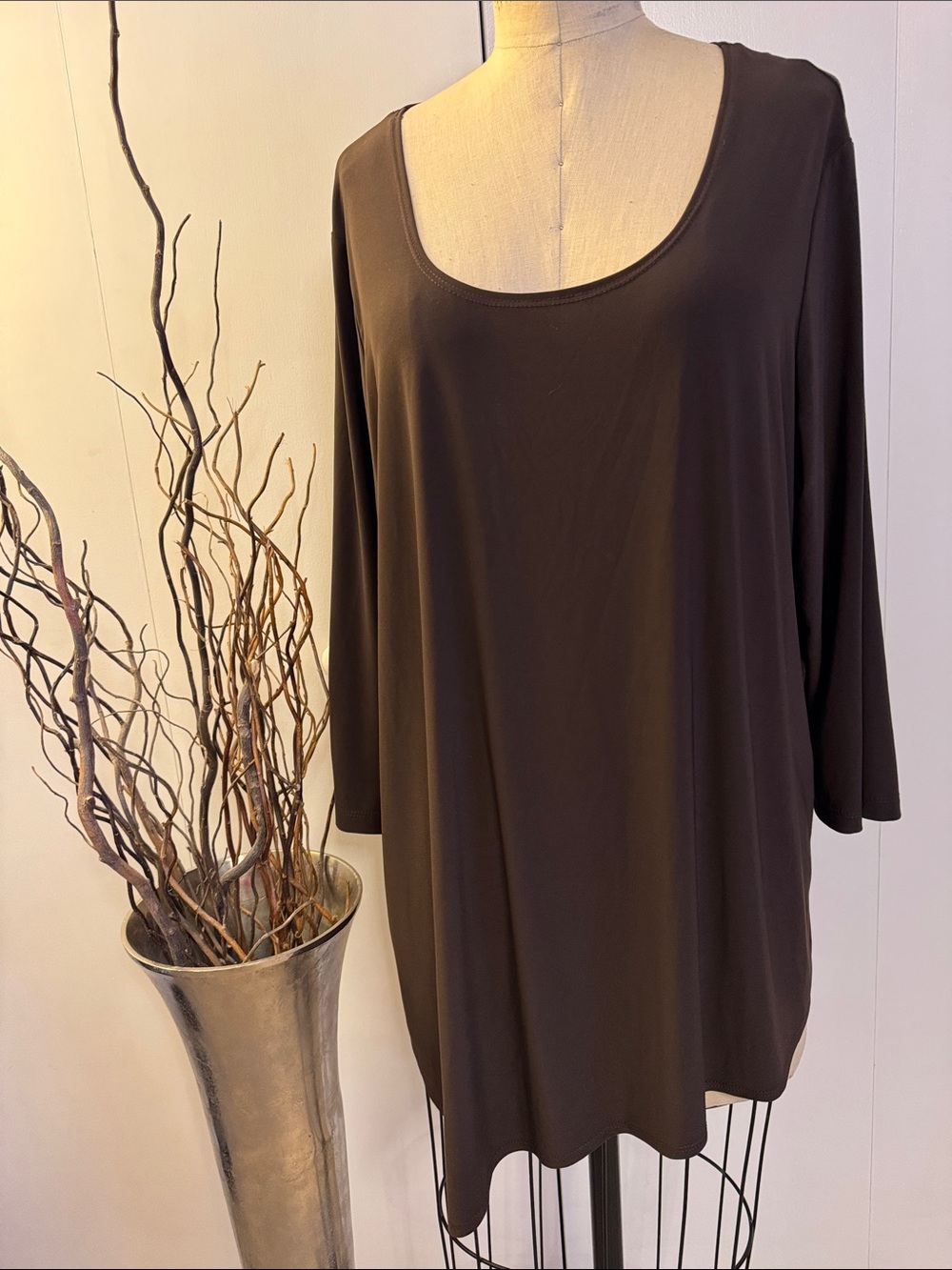 Slinky Brand Scoop Neck Brown Tunic Top